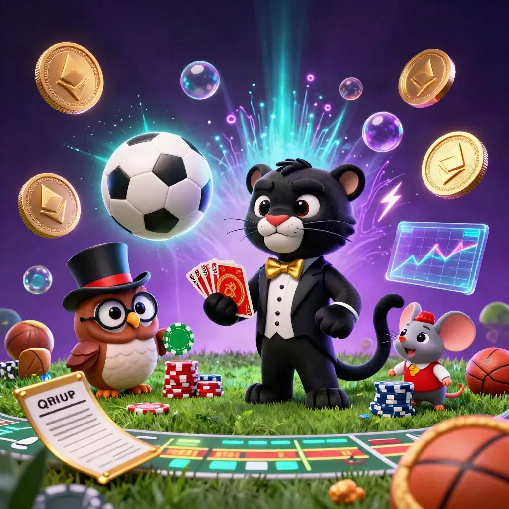 Macan kumbang, burung hantu, dan tikus di antara bola sepak, koin kripto, dan kilat neon.