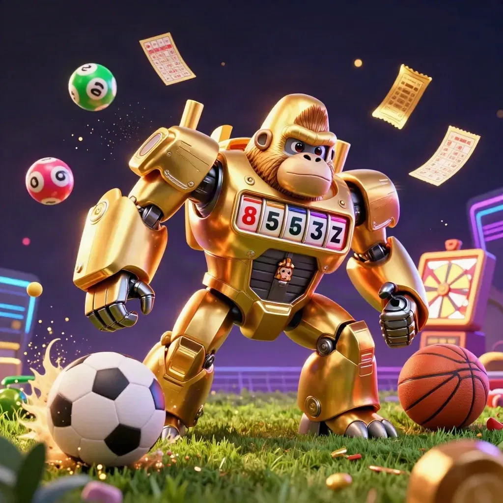 Mecha gorila emas dengan bola sepak dan basket, efek kasino neon, gaya key art premium.
