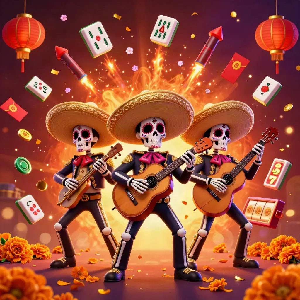 Tiga kerangka mariachi di antara ubin mahjong, lentera, dan kembang api bernuansa kasino.