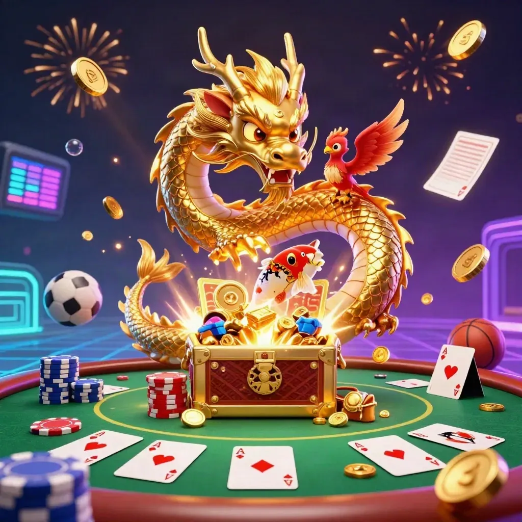 Naga emas, phoenix, koi, koin emas, meja poker, dan efek neon kasino mewah.