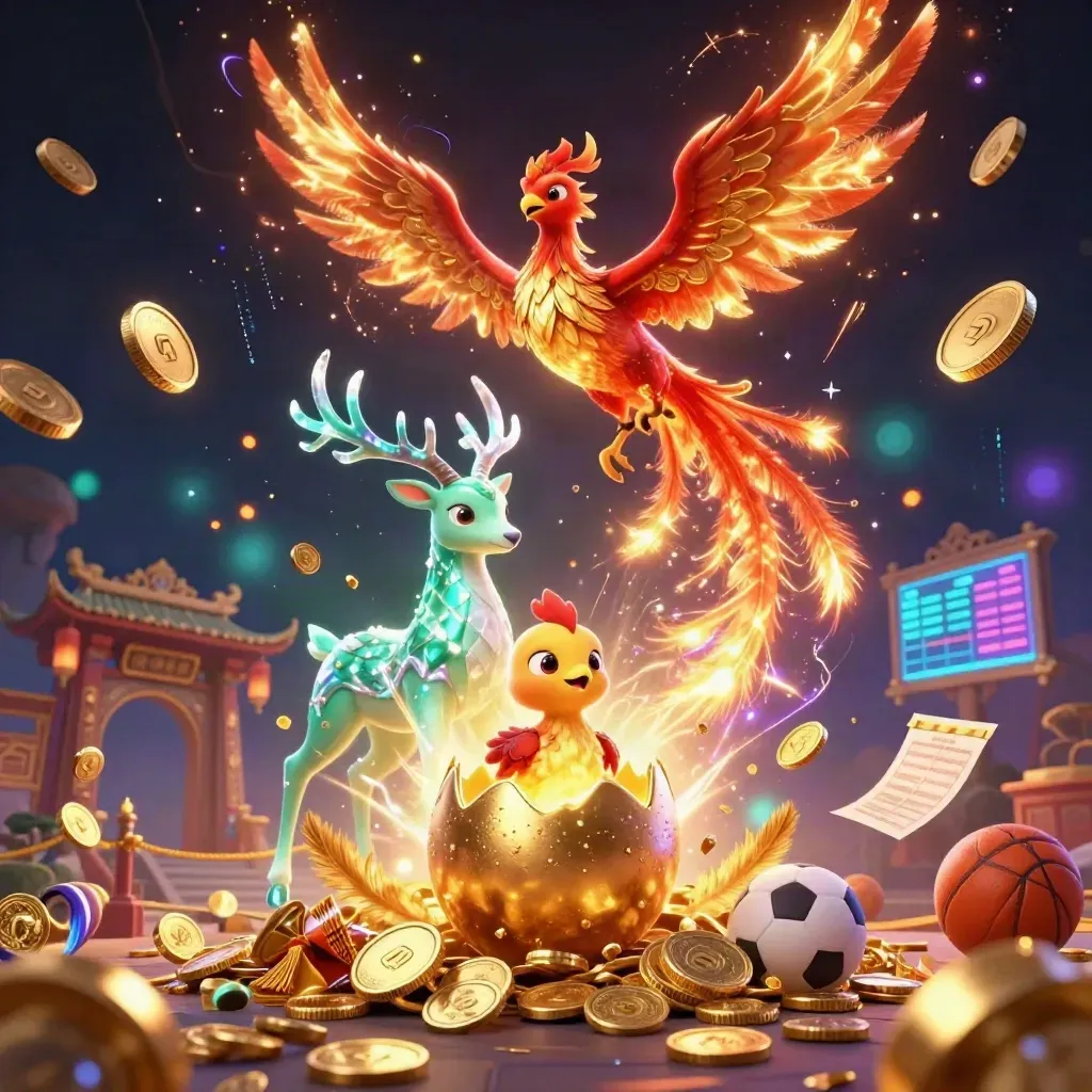 Burung phoenix emas, rusa kristal, dan bayi phoenix di tengah koin, kilat, dan gerbang kuil.