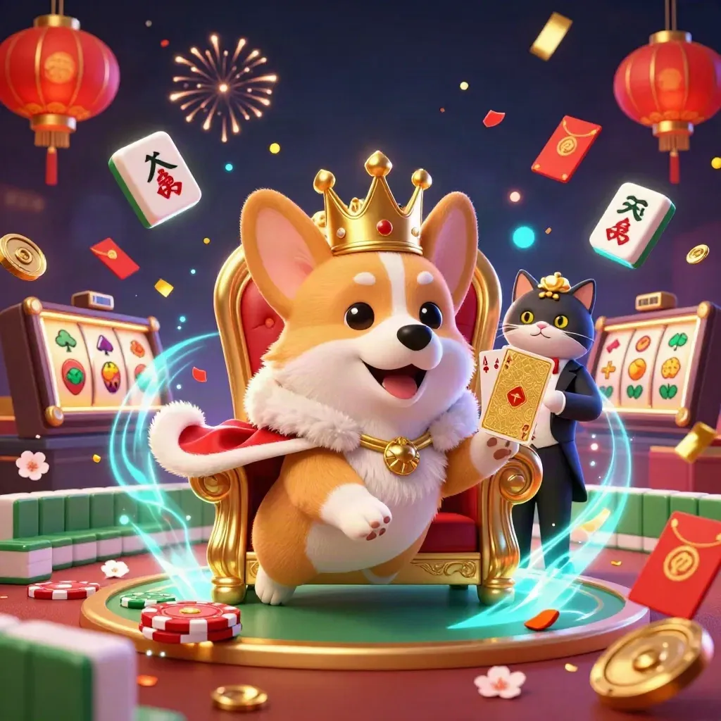 Korgi raja dan kucing butler di singgasana chip, dikelilingi lampion, koin, dan efek neon.