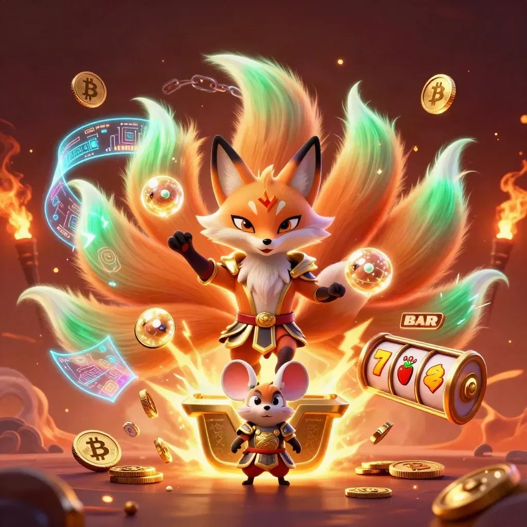 Rubah roh sembilan ekor dan tikus samurai emas dikelilingi koin kripto dan efek slot